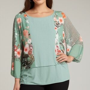 Umgee Floral Print Blouse Top Size M Green